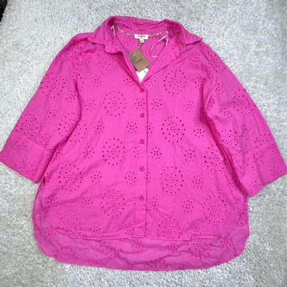 Umgee Pink Eyelet Button Front 3/4 Sleeve Shirt NEW - Picture 1 of 8